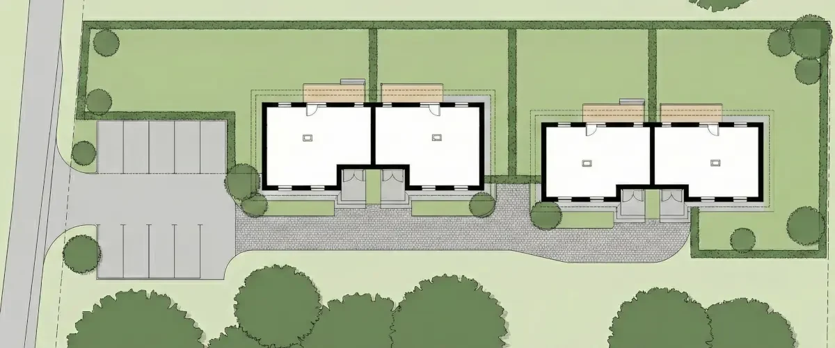 Plan osiedla Zamłynie z czterema budynkami A, B, C i D
