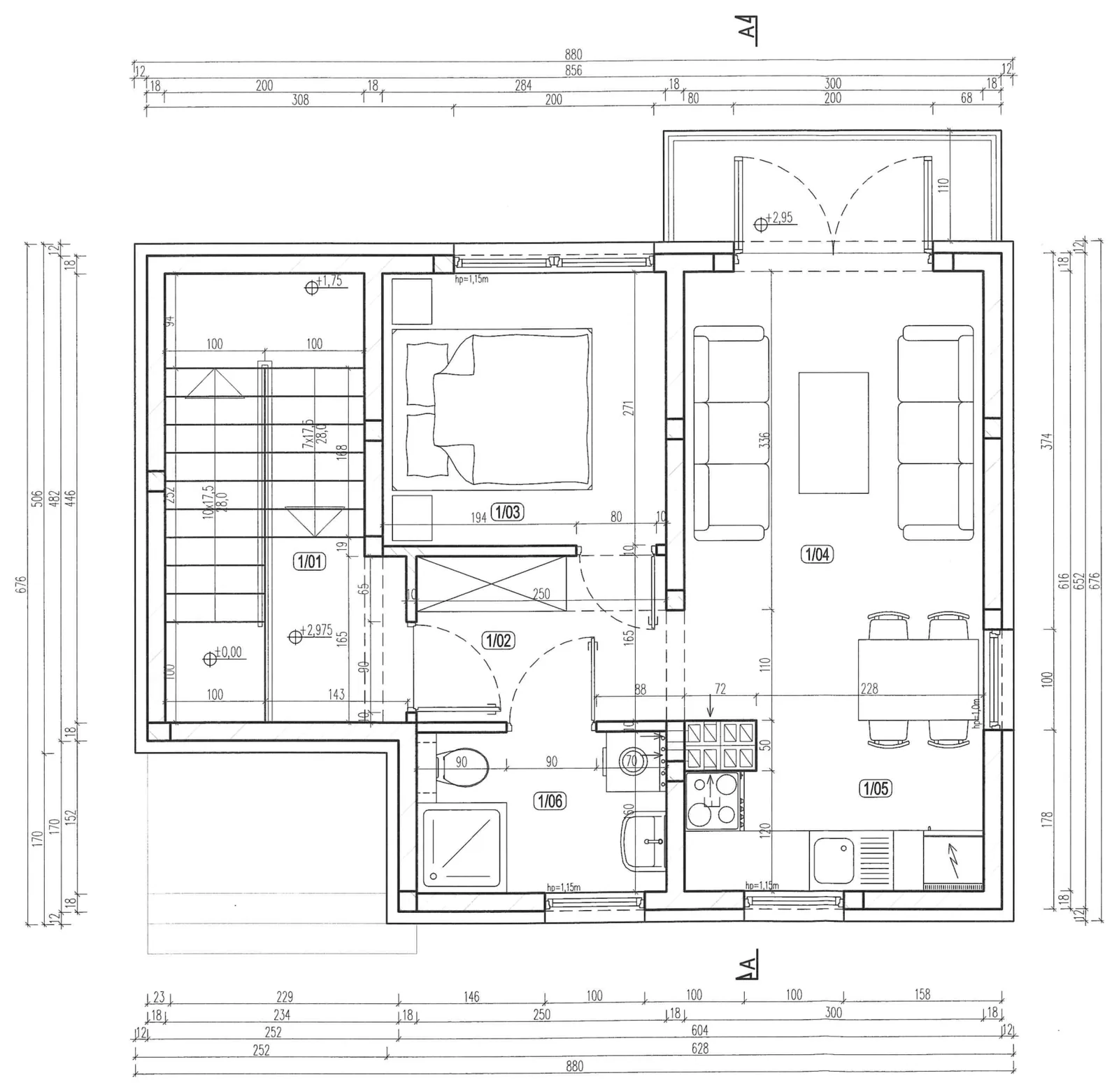 Rzut mieszkania D.2, 43,95 m²